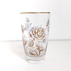 Vintage Libbey Tumbler Water Glass with White Rose Floral Pattern and Gold Rim